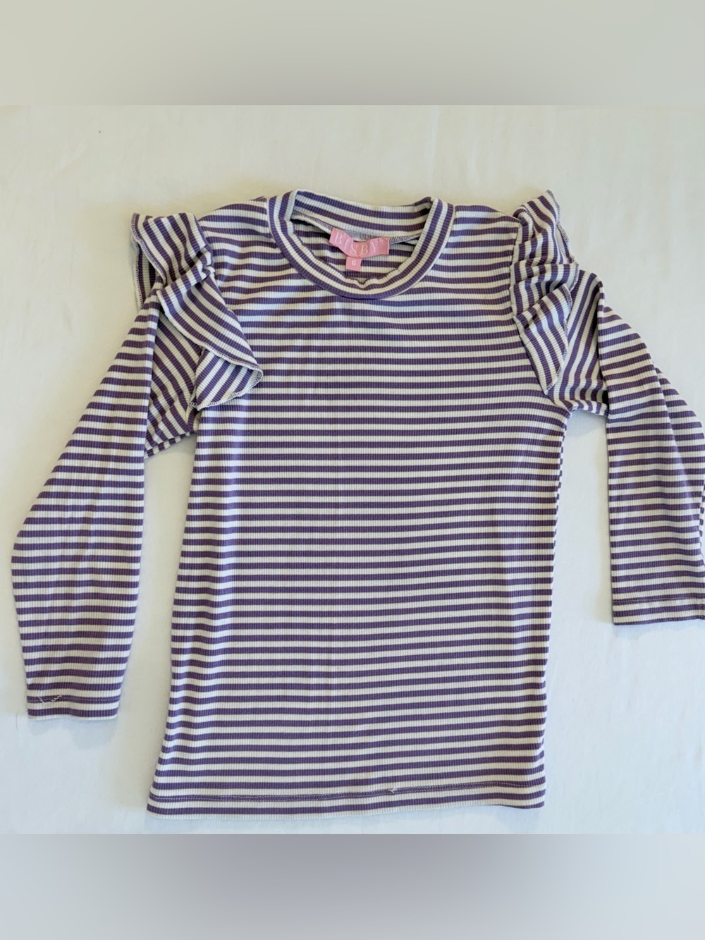 Bisby Girls’ Purple & White Striped Ruffle Shoulder Long Sleeve Top